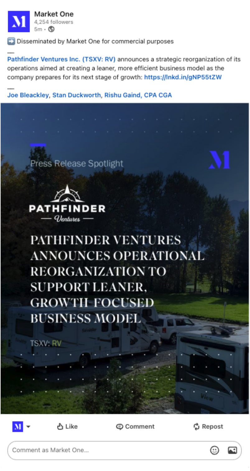 Market One LinkedIn — Pathfinder Ventures press release spotlight